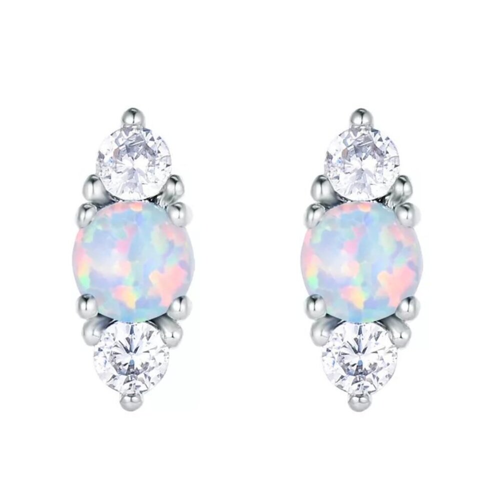 New Womens Opal & Diamond CZ 925 Silver Earrings